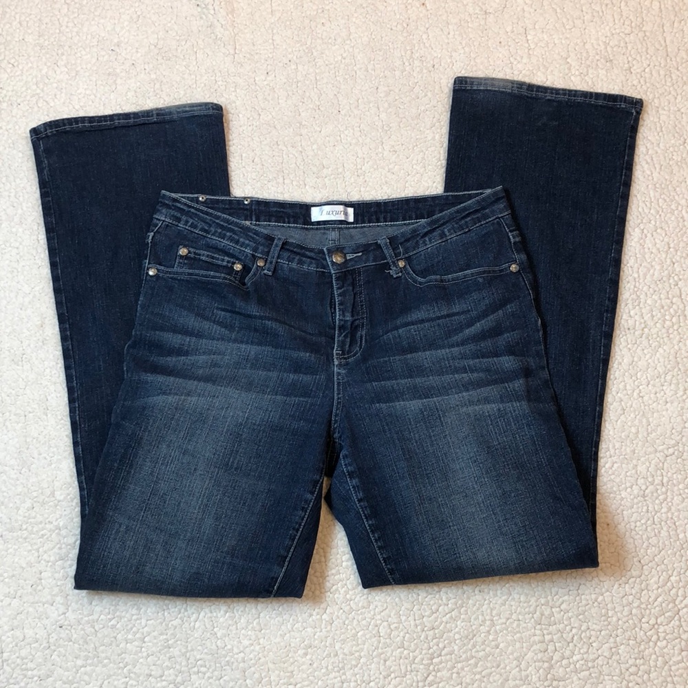 Luxuria Blue Jeans Mid Rise Boot Cut Bling Back Pockets Size 12
